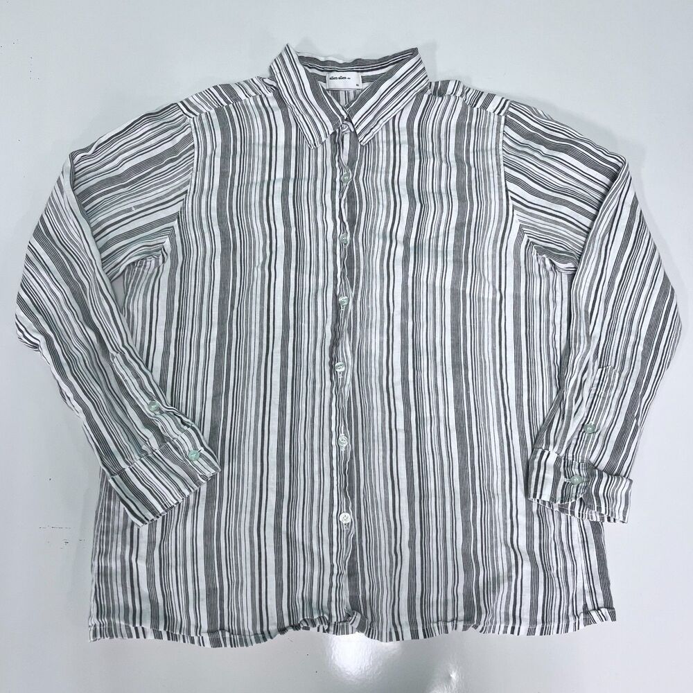 Allen Allen XL Womens 100% Linen Shirt Striped Button Up Long Sleeve Pocket USA